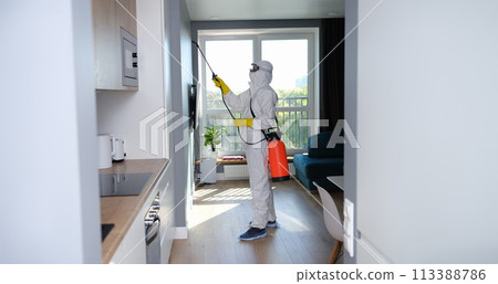 Man in protective suit treating with disinfectant flat 113388786