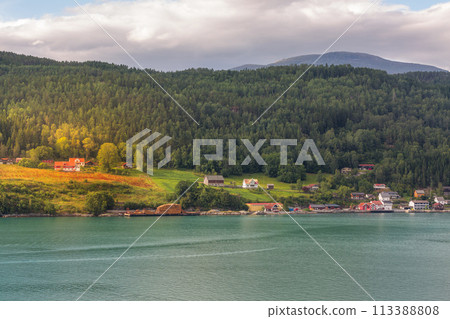 Norway, Olden village and fjord summer landscape Norway, Olden village and fjord summer landscape 113388808