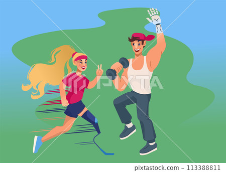 Athletes with bionic prosthetic arms and legs exercise in public park to speed up rehabilitation 113388811