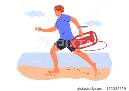 Man lifeguard runs along beach to save life of man in need of help is drowning in sea 113388859