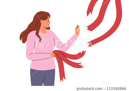 Woman breaking old ties in form of ribbons hanging from above, for concept of ending relationship 113388866
