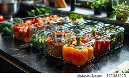 Assorted meal prep containers on kitchen counter. Generative AI. 113388925