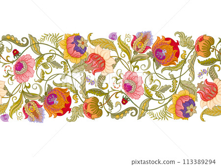 Fantasy flowers in retro, vintage, jacobean embroidery style. 113389294