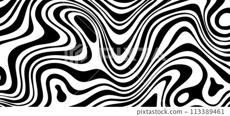Black white zebra background. Wave psychedelic pattern in dynamics. Monochrome dynamic wallpaper. Black white zebra background. Wave psychedelic pattern in dynamics. Monochrome dynamic wallpaper. 113389461