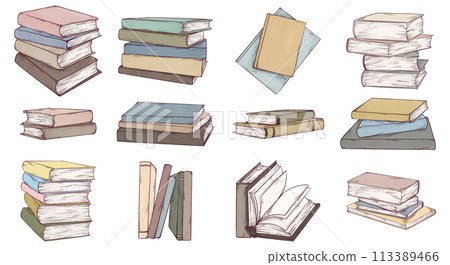 Books hand drawn illustrations set. Sketch art of books with empty pages isolated on white background. Art pencil style drawing. 113389466