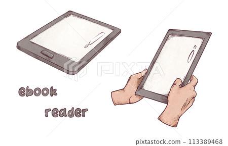 EBook in hands hand drawn illustrations set. Sketch art of electronic reading device isolated on white background. Art pencil style drawing. 113389468