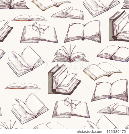 Books hand drawn illustrations seamless pattern. Sketch art of various books of different shapes in different angles. Art pencil style background. 113389473