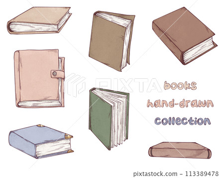 Books hand drawn illustrations set. Sketch art of books with empty pages isolated on white background. Art pencil style drawing. 113389478