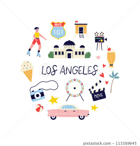 Colorful circle design with symbols, animals landmarks of Los Angeles, USA. 113389645