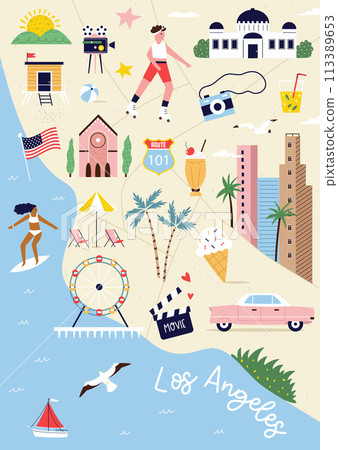 Los Angeles, California city map with famous symbols, landmarks, places 113389653