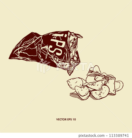 Potato chips, loose pieces, bag of snacks. Hand drawn vector illustration in graphic style. Menus, wine and beer cards, labels, banners, leaflets. 113389741