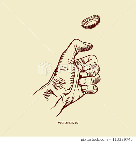 Human hand, bottle cap flying up. Hand drawn vector illustration in graphic style. Design of menus, wine and beer cards, labels, banners, leaflets. 113389743