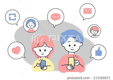 一個男人和一個女人使用 SNS 的圖像插圖 113389871