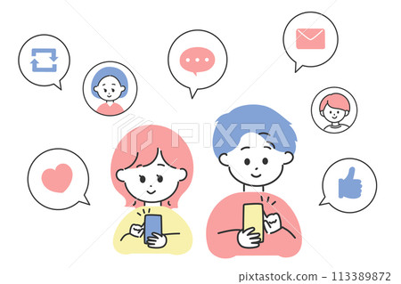 使用 SNS 的男性和女性的圖像插圖 使用 SNS 的男性和女性的圖像插圖 113389872