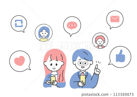 Illustration of a man and woman in suits using social media Illustration of a man and woman in suits using social media 113389873