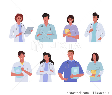 Team doctors and nurses set on a white background. Medical personnel characters in uniform. 113389904
