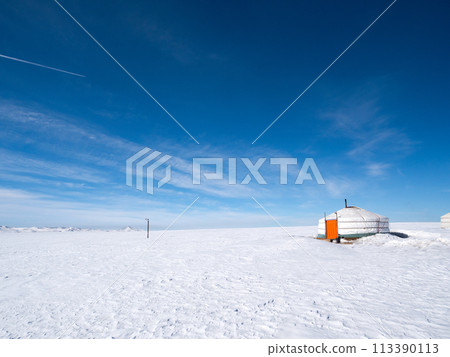 Winter in Mongolia: Ger standing in the snowy field in Nalaikh, on the outskirts of Ulaanbaatar 113390113