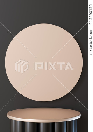 Elegant product presentation podium against a dark background, ideal for high-end merchandise display and branding. Mock up. Vertical backdrop with empty, copy space. 3D render. 113390136