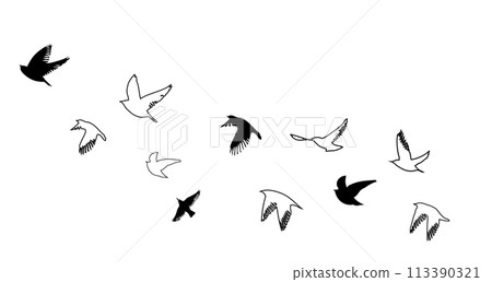 Flying birds silhouette flock. hand drawing. Not AI, Vector illustration Flying birds silhouette flock. hand drawing. Not AI, Vector illustration 113390321