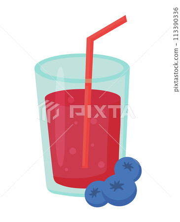 Berry cocktail in glass with straw. Fresh juice. Blueberries summer drink. Vector illustration. Berry cocktail in glass with straw. Fresh juice. Blueberries summer drink. Vector illustration. 113390336