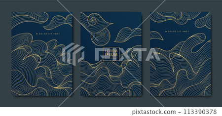 Vector sea chinese, japanese patterns set, wave design background, line modern graphic. Geometric style ocean gold illustration, asian retro ornament 113390378