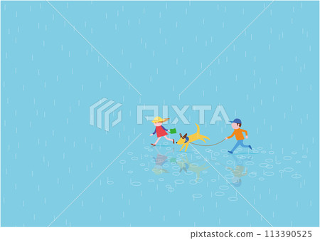 Illustration of a brother and sister running with a dog in the rain Illustration of a brother and sister running with a dog in the rain 113390525
