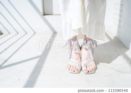 穿著時尚涼鞋的女人的腳 穿著時尚涼鞋的女人的腳 113390540
