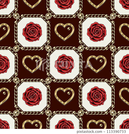 Checkered pattern with jewelry chains, red roses 113390733