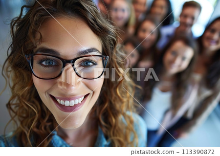 Happy confident woman taking a selfie with team. Group of joy business people with smiling girl wearing glasses on the foreground. Teamwork on workplace break. Fun, united excited colleagues. Leader 113390872