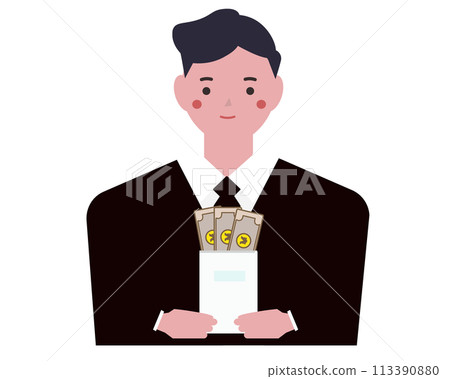 一個穿著西裝的男人拿著一個裝有錢的信封。向量圖 一個穿著西裝的男人拿著一個裝有錢的信封。向量圖 113390880