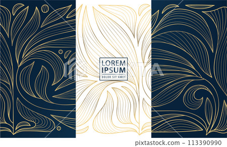 Vector set of art deco golden floral patterns, modern leaves frames, wine, box package. Royal line ornament templates, nature beauty labels. Wedding, perfume, gift, jewelry product design. 113390990