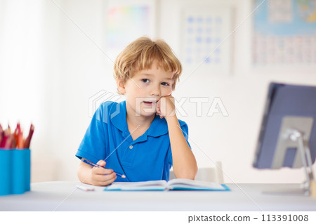 Online remote learning. School kids with computer. Online remote learning. School kids with computer. 113391008