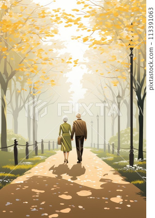 senior couple walk in park in spring illustration 113391063