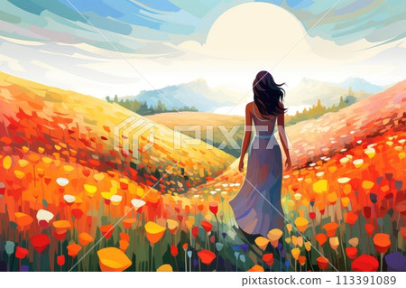 beautiful woman in flower field in summer illustration beautiful woman in flower field in summer illustration 113391089