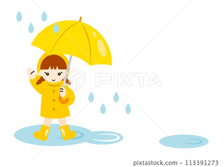 A girl in a raincoat holding an umbrella in the rain 113391273