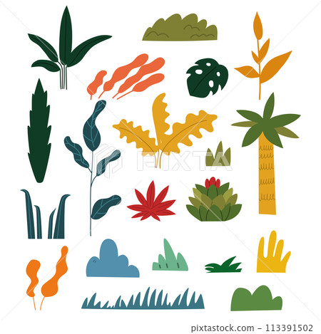Isolated illustration a bush, leaves and a tree in cartoon style. Isolated illustration a bush, leaves and a tree in cartoon style. 113391502