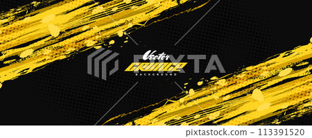 Abstract Black and Yellow Dirty Grunge Background with Halftone Effect. Sports Background with Brush Stroke Illustration 113391520