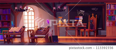 Magic school room interior for wizard study. 113391556