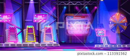Quiz tv show stage with player platforms Quiz tv show stage with player platforms 113391562