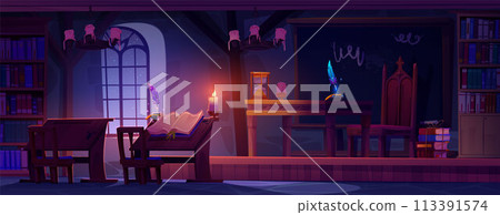 Magic school classroom interior at night Magic school classroom interior at night 113391574