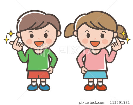 男孩和女孩擺出可愛姿勢的全身插圖（小學生、幼兒、兒童） 113391581