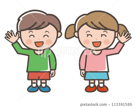 男孩和女孩微笑打招呼的全身插圖（小學生、幼兒、兒童） 113391589
