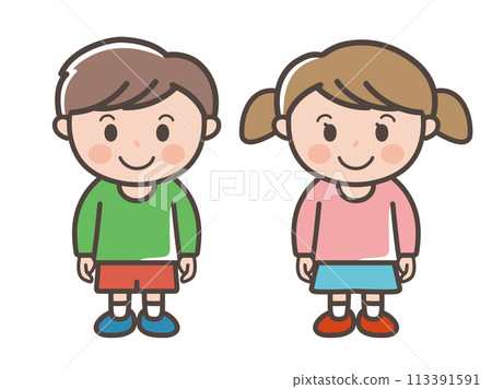 Full-body illustration of a boy and girl standing facing forward with a smile (elementary school students, toddlers, children) 113391591