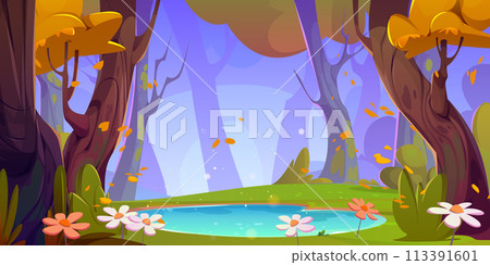 Autumn lake in forest landscape scene illustration Autumn lake in forest landscape scene illustration 113391601