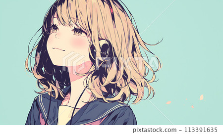 High school girl listening to music AI 113391635