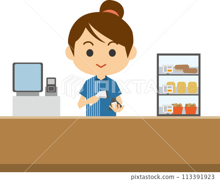 收銀台女店員為顧客提供服務的插圖 113391923