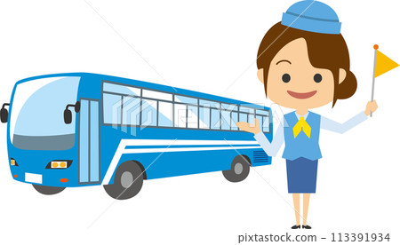 Illustration of a bus guide giving directions and a tourist bus 113391934