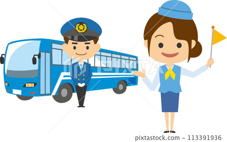 Illustration of a bus guide and driver giving directions 113391936