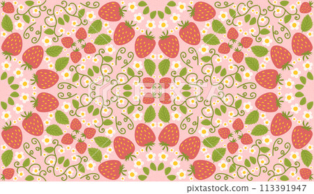 Seamless design pattern with strawberries, cute berries, flowers, green leaves. Repetitive surface design intended for kitchen apparel, fabrics, wrapping paper, and diverse purposes Seamless design pattern with strawberries, cute berries, flowers, green leaves. Repetitive surface design intended for kitchen apparel, fabrics, wrapping paper, and diverse purposes 113391947