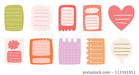Paper sheets sticker collection for convenient note-taking and important date recording for creative journaling, functional and decorative memo stickers. Cute bright colors. Paper sheets sticker collection for convenient note-taking and important date recording for creative journaling, functional and decorative memo stickers. Cute bright colors. 113391951